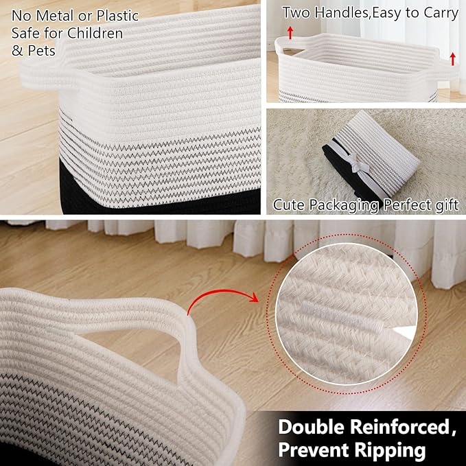 OIAHOMY Storage Basket, Woven Baskets for Storage, Cotton Rope Basket for toys,Towel Baskets for Bathroom - Pack of 3, Gradient Dark