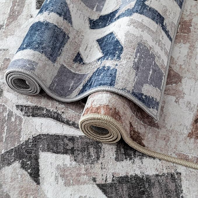 Modern Abstract 6X9 Area Rug for Living Room Bedroom Washable, with Non-Slip Rubber Backing Print Faux Wool Thin, Brown Throw Large Carpet for Kids Playroom Dining Room Pet & Child Friendly