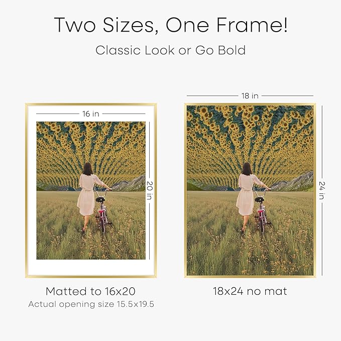 Homeforia 18 x 24 Poster Frame Gold, High End Metal 18x24 Picture Frames with Mat 16x20 Photo, 18 x 24 Gold Frame Matted to 16 by 20 Print, 24x18 Thin Hanging Frame, Tempered Glass, Wall Kit, Set of 1