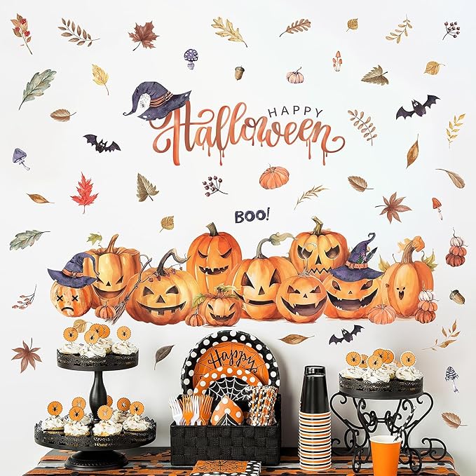 clothmile 38.18 x 36.15 Inch Halloween Wall Decals Halloween Pumpkins Bat Leaves Wall Stickers Removable Halloween Peel and Stick Sticker for Halloween Party Supplies Home Window Decor