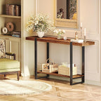Huuger 47.2 Inch Entryway Table, 2-Tier Industrial Console Sofa Table, Accent Table with Storage, for Entry, Hallway, Entrance, Foyer, T-Shaped Metal Frame, Rustic Brown