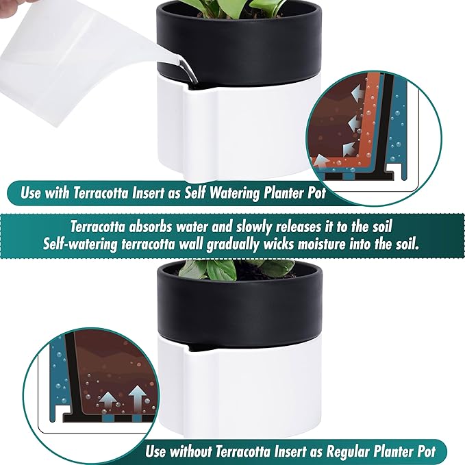 Phoenix Vine 6.5 Inch Self-Watering Planter Pot with Terracotta Insert, Deep Water Reservoir, and Ceramic-Alike BPA-Free Plastic Pot for Plant, Modern Planter for Houseplants, White/Black, 53-B-S-4