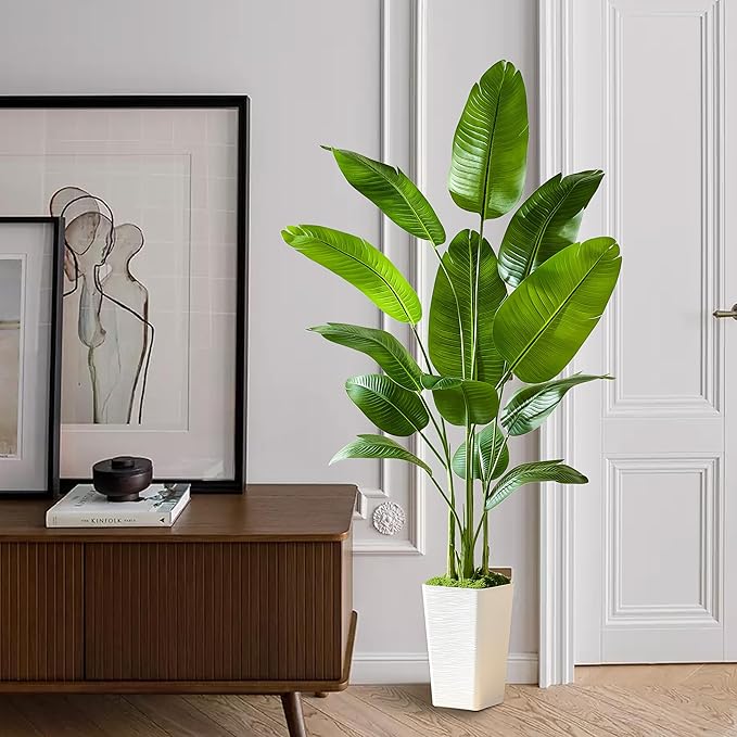 Fake Bird of Paradise Silk Artificial Plant Faux Banana Leaf Tree Lifelike Bird of Paradise for Home Decor Indoor Floor Plant with 10 Trunks (1, White Tall Planter, 6 FT)