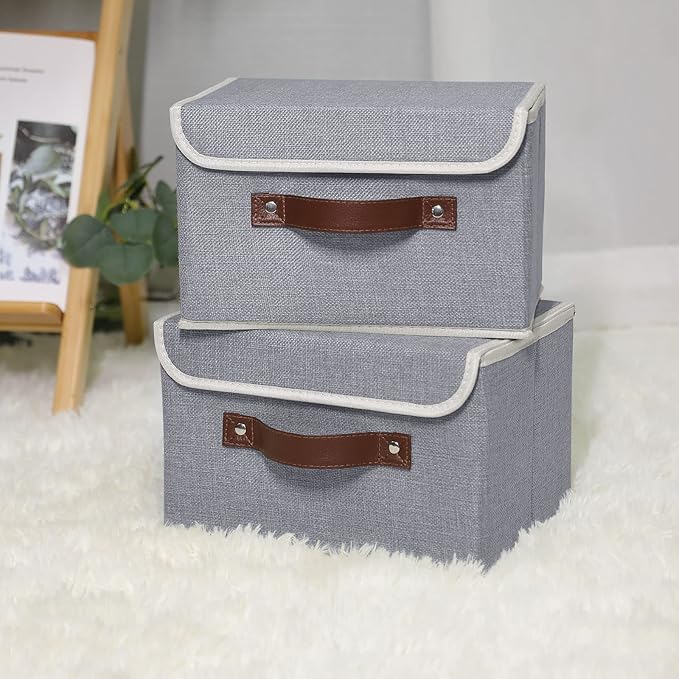 ANMINY 4PCS Storage Bins with Lid PU Leather Handles Storage Boxes PP Plastic Board Decorative Foldable Lidded Cotton Linen Fabric Home Cubes Baskets Closet Organizer Containers - Gray, Small Size