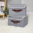 ANMINY 4PCS Storage Bins with Lid PU Leather Handles Storage Boxes PP Plastic Board Decorative Foldable Lidded Cotton Linen Fabric Home Cubes Baskets Closet Organizer Containers - Gray, Small Size