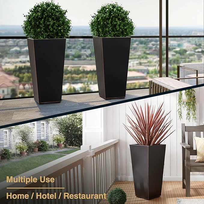 Metallic Taper Planter, 26 Inch Tall Tapered Planter for Front Porch, Patio, Deck, Garden Indoor/Outdoor Tree Planters, Set of 2 Black with Copper Hand Brushed Rim