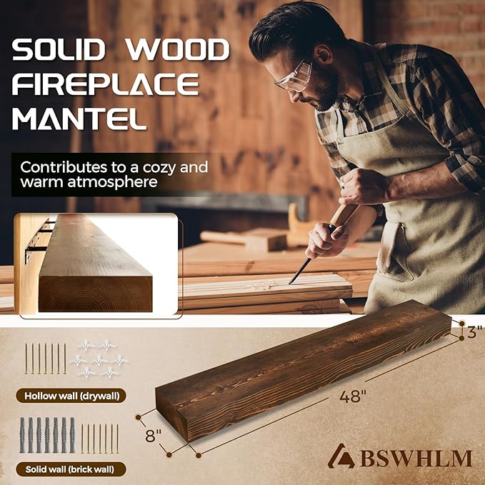 48x8x3 Fireplace Mantel - Solid Rustic Wood - Wall Mounted Floating Shelf with Invisible Heavy Duty Steel Bracket (Weathered Brown)