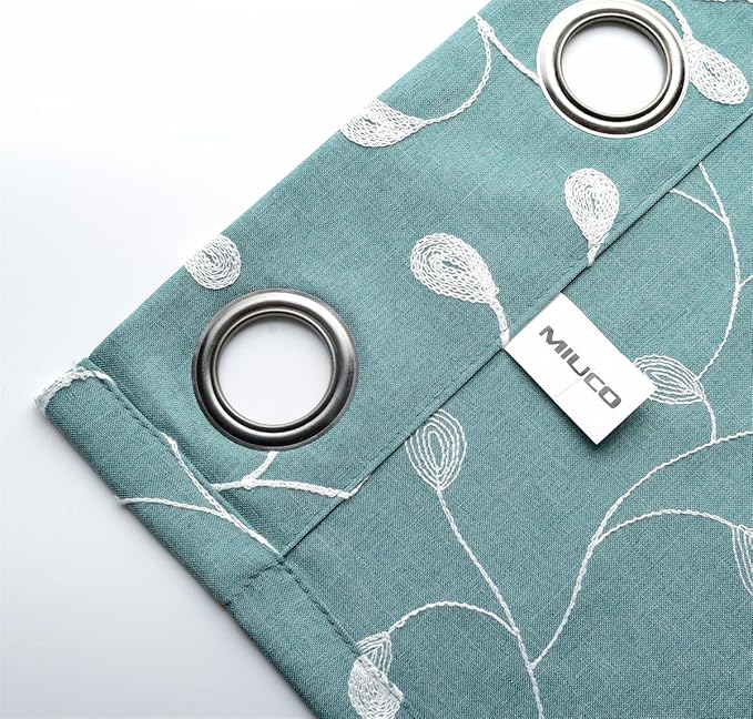 MIUCO Floral Embroidered Semi Sheer Curtains Faux Linen Grommet Window Panel Pair for Bedroom 52 x 63 Inch, Teal
