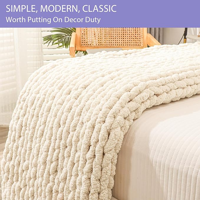 Bigacogo Chunky Knit Throw Blanket for Couch, 60x80 inches, 100% Hand Knitted with Thick Jumbo Chenille Yarn, Cozy Soft Large Rope Knot Cable Crochet Blankets for Sofa Bed Living Room, Beige