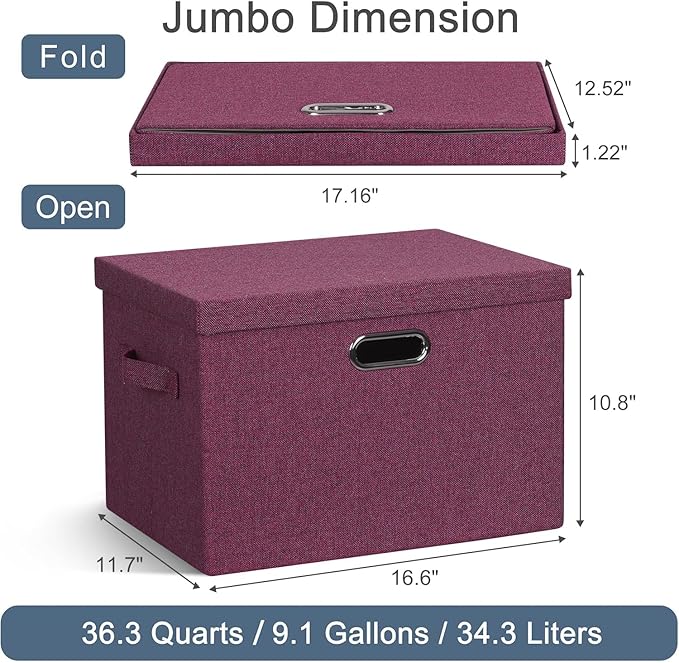 Large 17" 36 Quart Collapsible Stackable Storage Bins with Lids, 3 Packs Purple Linen Fabric Closet Boxes with Lids, Storage Cube Baskets Container Organizers for Bedroom Office (17x12x11)