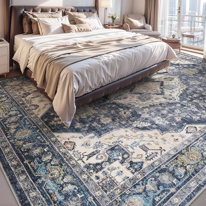 AMOAMI-6FT Round Rug-Rugs for Living Room-Vintage Soft Blue Rugs for Bedroom-Non Slip Circle Rug-Machine Washable Rug for Dining Room Living Room Bedroom Office Under Table