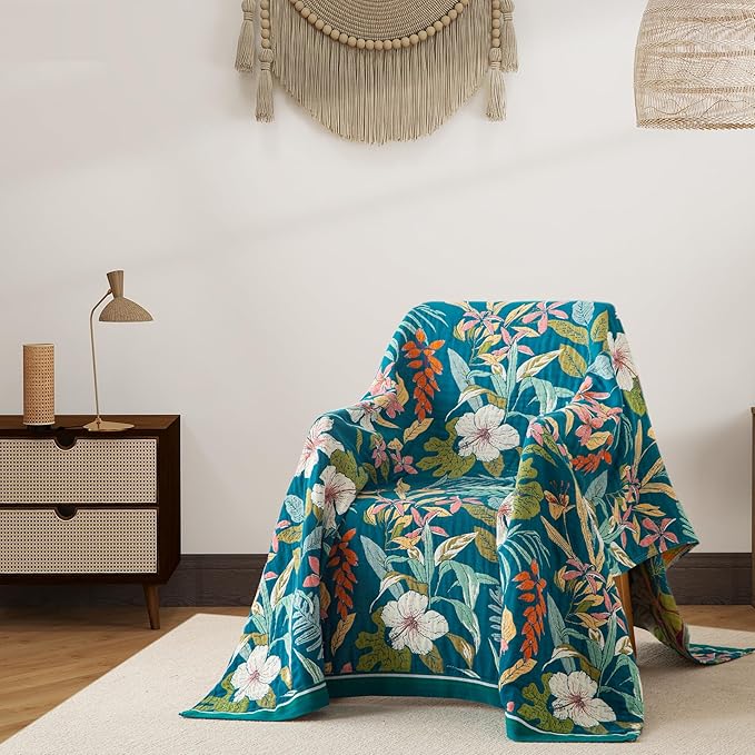 Boho Throw Blanket Twin Size, Soft Cozy Cotton Muslin Quilt Blanket for Bed Decor, Floral Patterned Couch Sofa Chair Cover, Vintage Farmhouse Cottage Tapestry Woven Blanket, Teal&Green