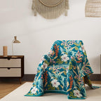 Boho Throw Blanket Twin Size, Soft Cozy Cotton Muslin Quilt Blanket for Bed Decor, Floral Patterned Couch Sofa Chair Cover, Vintage Farmhouse Cottage Tapestry Woven Blanket, Teal&Green
