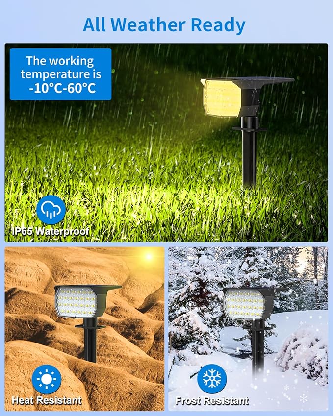 3 Colors Solar Lights Outdoor Waterproof IP65 Outdoor Solar Spot Lights for Yard 52 LEDs 600LM Solar Powered Landscape Spotlights Solar Security Wall Lights for Garden Pathway Outside- 6 Pack