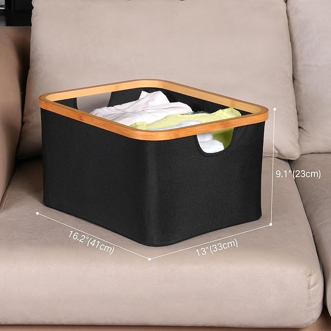 efluky Storage Baskets for Organizing, Fabric Storage Bins with Bamboo Handles, Collapsible Storage Baskets for Shelves and Closet (Black, 16.2'' x 13'' x 9.1'')