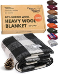 Woolly Mammoth Woolen Company Camping Wool Blanket - 66 in x 90 in Black & Cream Plaid - Heavyweight Merino Wool Outdoor Throw Blanket & Bedroll - Insulating Warm for Winter, Picnic & Travel