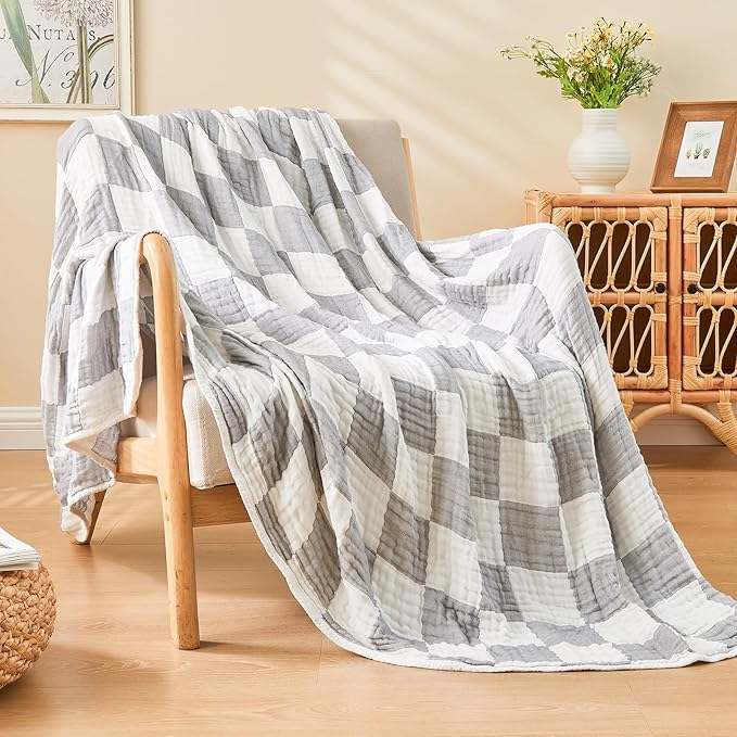 EMME Checkered Cotton Queen Size Bed Blanket, 80"x90", Lightweight Breathable Cooling All Season Gauze, Light Grey