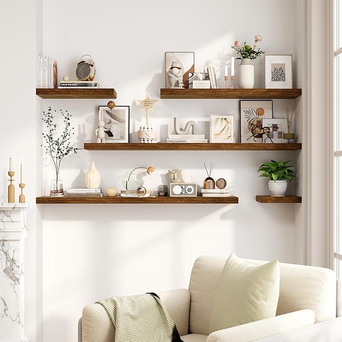 30 Inch Floating Shelves, Rustic Floating Wall Shelves 8 Inch Deep, 30 x 8 Floating Shelves for Home Decor, Deep Storage Shelves for Kitchen, Bathroom, Living Room, Rustic Brown Color, Set of 2