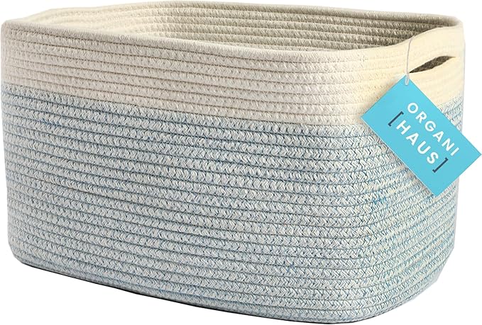 OrganiHaus Woven Storage Baskets for Organizing, Cotton Rope Organizer Bins for Shelves, Closet & Nursery, Dog Toy Basket, Decorative Bins for Toys, Towels & Books - 15x10x9, Blue/Off-White