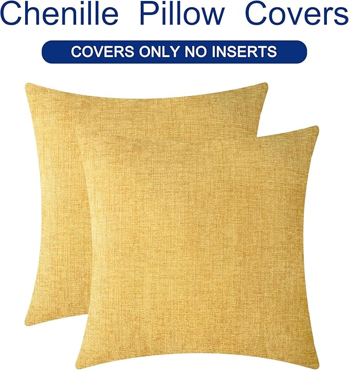 CaliTime Throw Pillow Covers Decorative 24 X 24 Inches Pack of 2 Cozy Chenille Cushion Cases for Couch Sofa Bed Living Room Home Gold