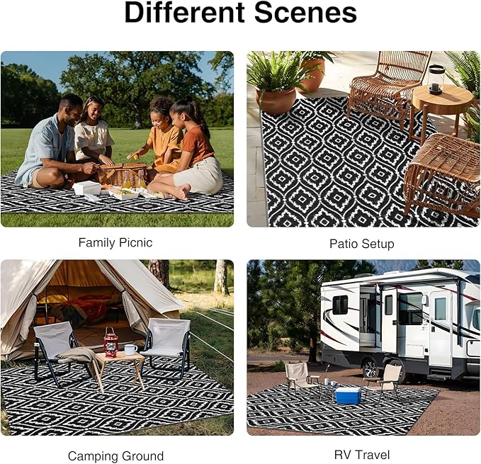 OLANLY Outdoor Rug 5x8 ft Waterproof, Outdoor Plastic Straw Rug with Geometric Pattern Clearance, Reversible RV Mat for Patio, Camping, Balcony, Deck, Backyard, Black & White