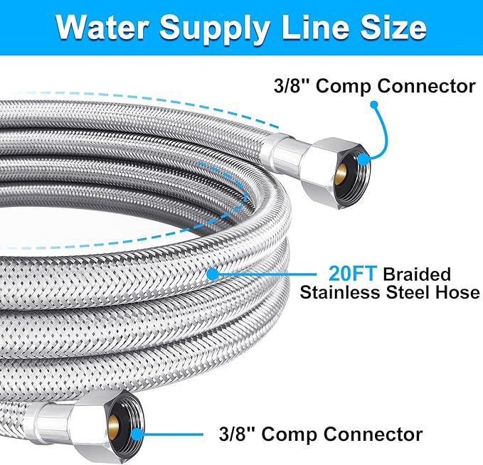 Dishwasher Installation Kit - 20 FT Premium Stainless Steel Braided Dishwasher Hose kit,Food Grade PEX Inner Tube Dishwasher Water Supply Line with 3/8"x3/8"MIP Elbow,3/8"x 3/4" FHT Elbow