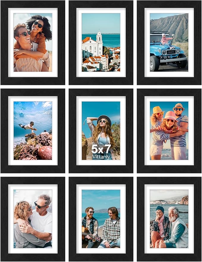 Vittanly 5x7 Picture Frames Set of 9, Shatter Resistant Plexiglass, Display 4x6 Pictures with Mat or 5x7 without Mat, Photo Frames for Wall or Tabletop, Engineered Wood, Black