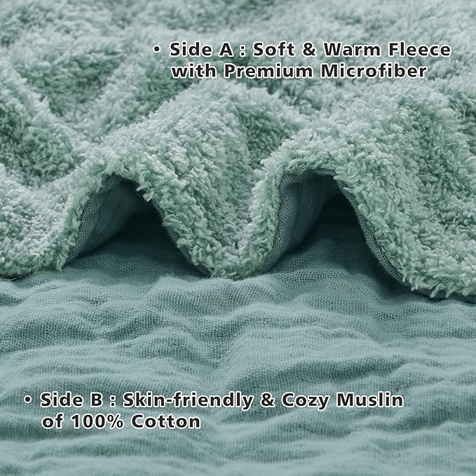 EMME Muslin and Fleece Throw Blanket Reversible - 50"*60" Teal Soft Warm Throw Blankets for Couch Bed Picnic Travel Bed