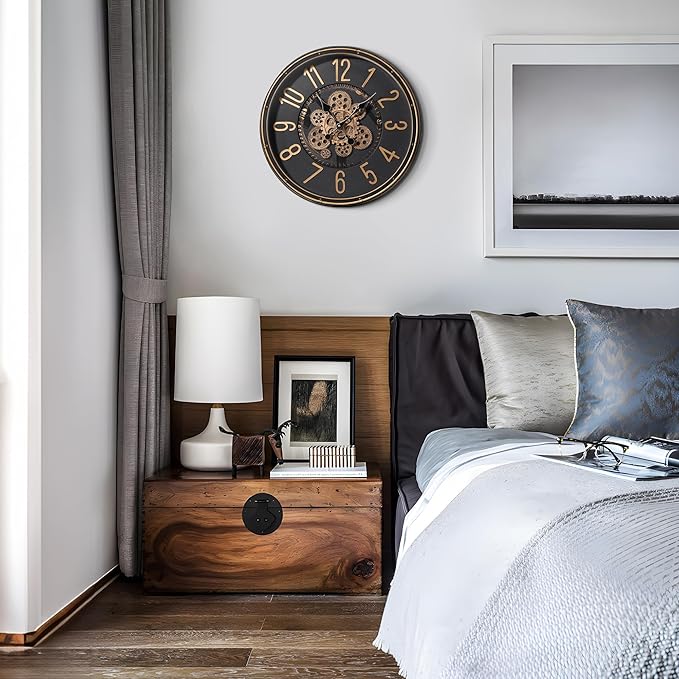 Maxstar Large Moving Gear Wall Clock,20" Vintage Mechanical Battery Operated Industrial Wall Clocks for Farmhouse Living Room,Home Office, Dinning Room, Kitchen, Steampunk Decor-Gold,Arab Numeral