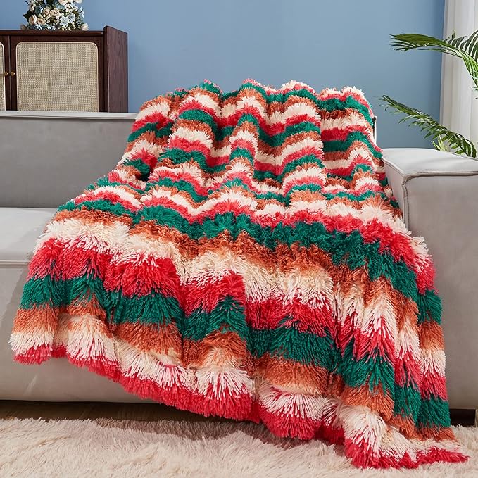 GONAAP Fuzzy Faux Fur Throw Blanket Stripe Red Brown Super Soft Cozy Plush Fuzzy Shaggy Blanket for Couch Sofa Bed (Stripe Red Brown, Throw(50"x60"))