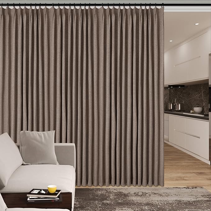 100% Blackout Linen Textured Drapes for Bedroom Pinch Pleated Curtains for Track System Portable Drapery for Sliding Glass Door/Storage/Space Room Divider, 70" Wx84 L, 1 PC, Light Brown