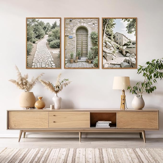 Aurlan Neutral Italy Countryside Landscape Framed Wall Art(16"x24"), 3PCS Vintage Mediterranean City Photography Gallery Canvas Artwork, Large Old Town Architecture Travel Decor Prints for Office Bedroom