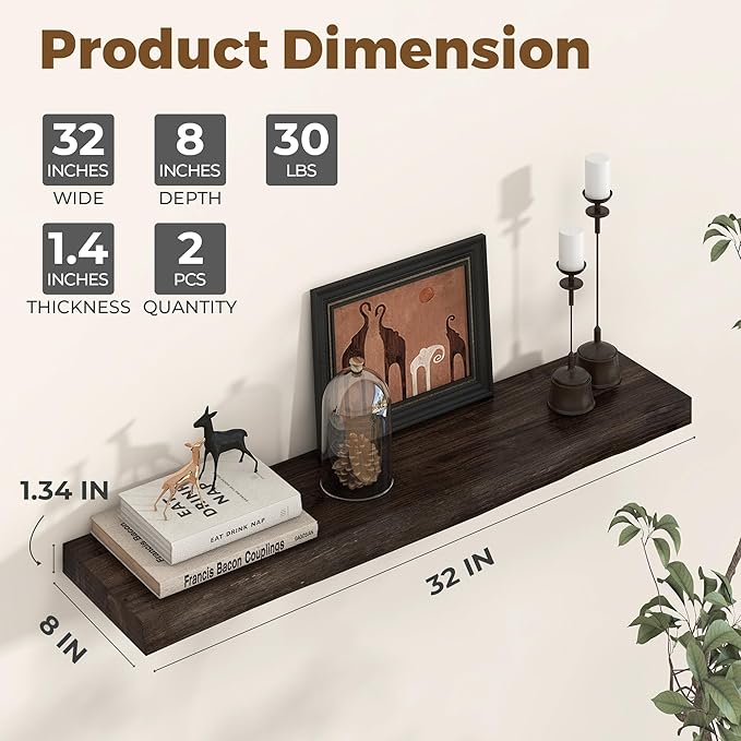 Axeman 32 inch Floating Shelves for Wall - 8'' D Live Edge Rustic Solid Elm Wood Floating Shelves Wall Mounted, Wall Shelves with Invisible Bracket for Living Room Bedroom Kitchen, Set of 2 Walnut