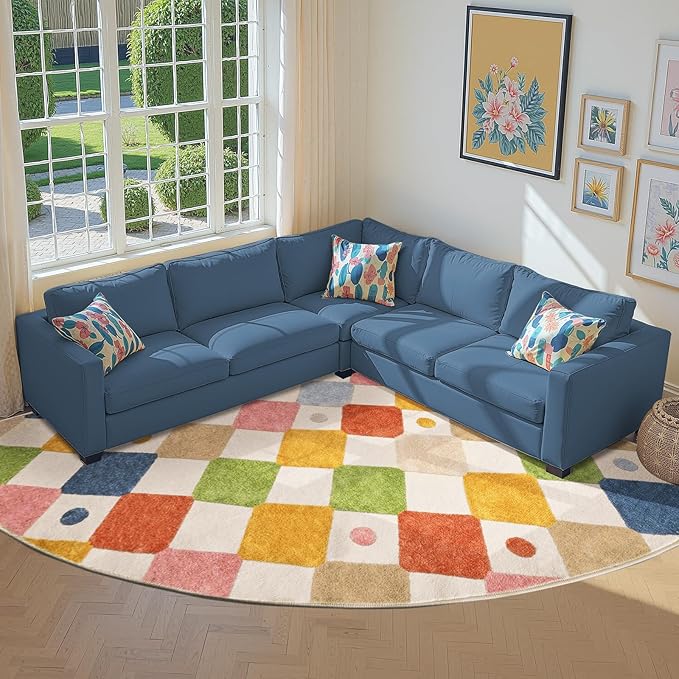 jinchan Kids Rug for Classroom 8ft Radius Corner Washable Area Rug Modern Colorful Quarter Circle Rug Soft Non-Slip Carpet for Nursery Playroom Daycare Reading Nook Living Room Circus on Cream