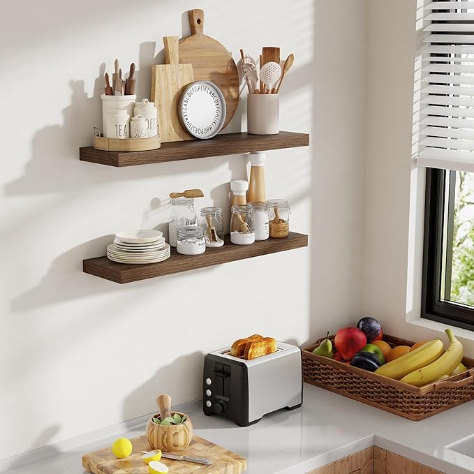 30 Inch Floating Shelves, 8 Inch Deep Floating Shelves for Wall, Hanging Shelf with Invisible Brackets, Deep Shelves for Bathroom, Bedroom, Living Room, Walnut, Set of 2