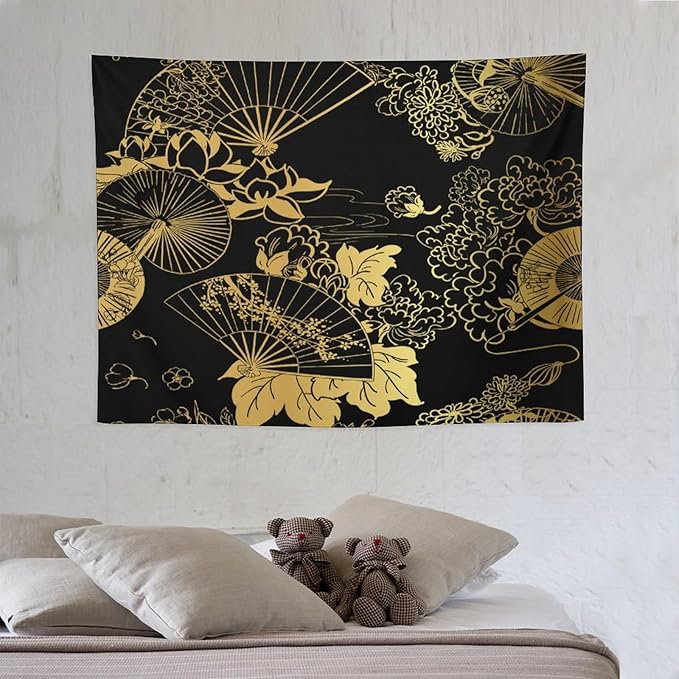 HZOHNAGO Japanese Tapestry Gold Flowers Umbrella Fan Pattern Printed Wall Tapestry Painting Wall Hanging for Bedroom Living Room Dorm 40" W x 30" H