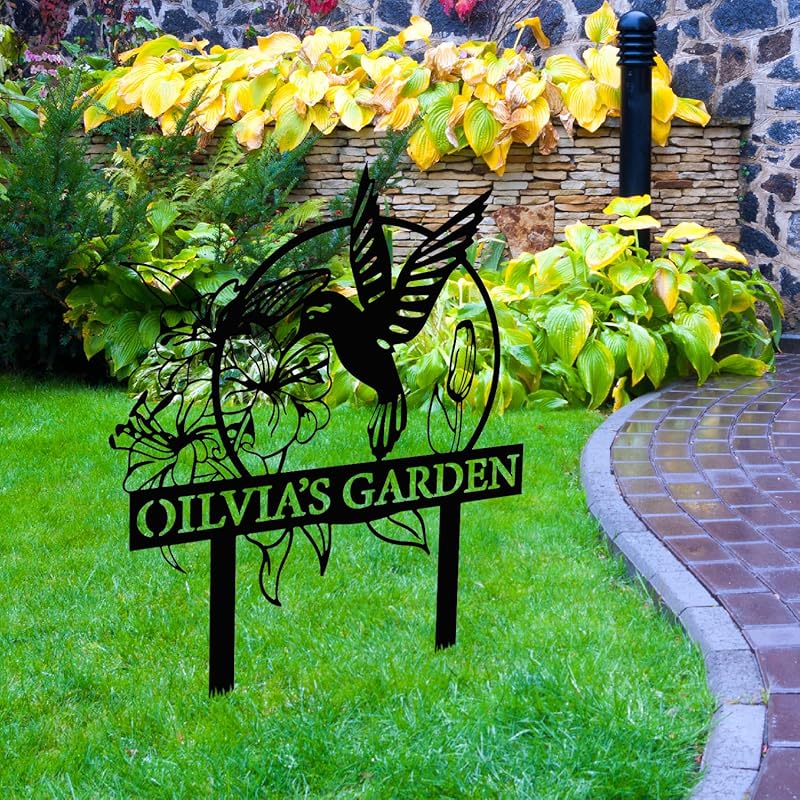 Custom Hummingbird Metal Garden Sign with Stakes, Bird Garden Decorations, Flower Design Personalized Garden Sign, Custom Garden Name Sign, Yard Decor, Home Gift