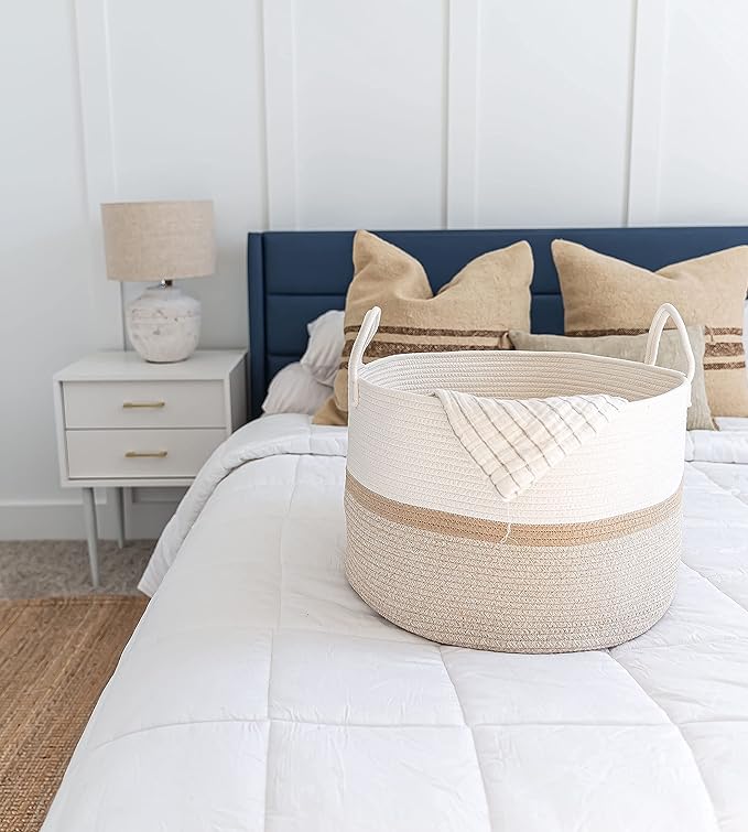 OrganiHaus Boho Woven Basket for Blankets and Laundry, Decorative Large Storage Bin for Living Room, Nursery Basket for Toys & Clothes, Soft Cotton Rope with Handles 20x13 inches - Striped Honey