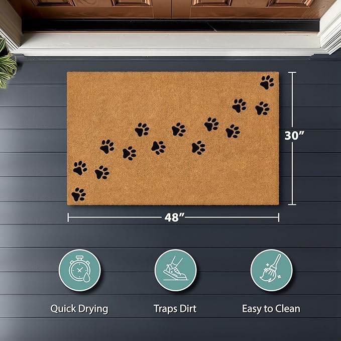Barnyard Designs Natural Coco Coir Heavy Duty Backing Doormat - Large Cute Non-Slip Front Door Welcome Mat for Outside Entrance or Porch Entry, Brown (30x48, Paws)