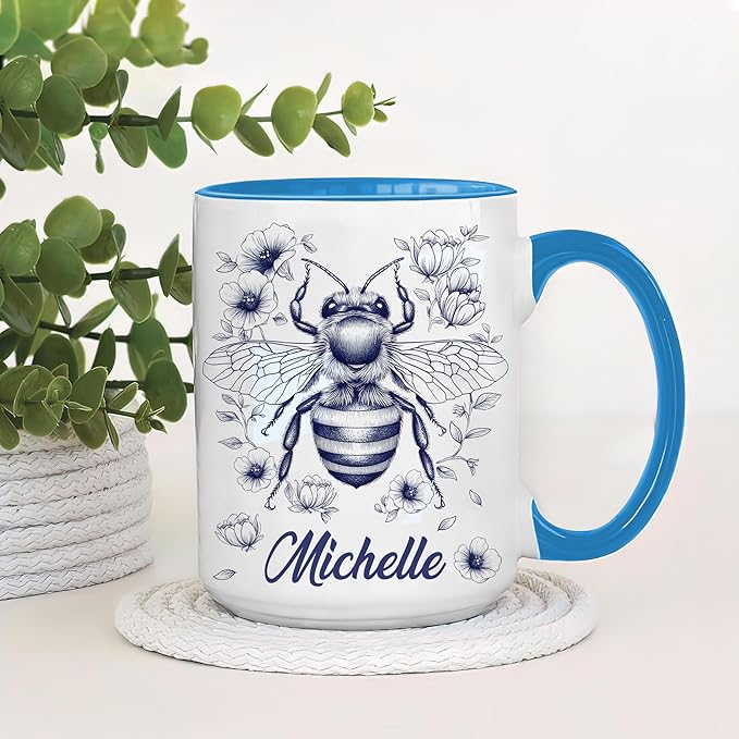 Hyturtle Personalized Floral Bee Mug - Bee Keeper Gifts For Women Lovers Teacher - Honey Gifts For Beekeeper Farmer On Birthday - Queen Honeycomb Decor - Custom Coffee Cup Ceramic Mug 11 Oz 15 Oz
