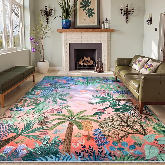 LIVEBOX Washable 6x9 Rug for Living Room, Soft Jungle Animal Print Rugs for Bedroom Aesthetic, Non Slip Purple Boho Rug Botanical Kids Rugs for Bedroom Girls,Stain Resistant Kid Rug for Playroom
