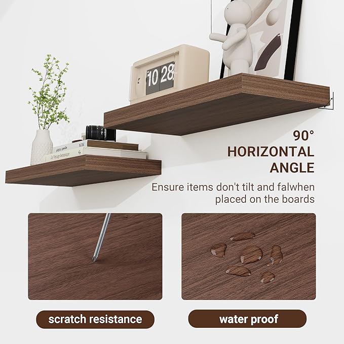 16 Inch Floating Shelves, 16"x9.25"x1.5" Inch Deep Floating Shelves for Wall, Wooden Shelves for Bathroom, Bedroom, Living Room, Walnut