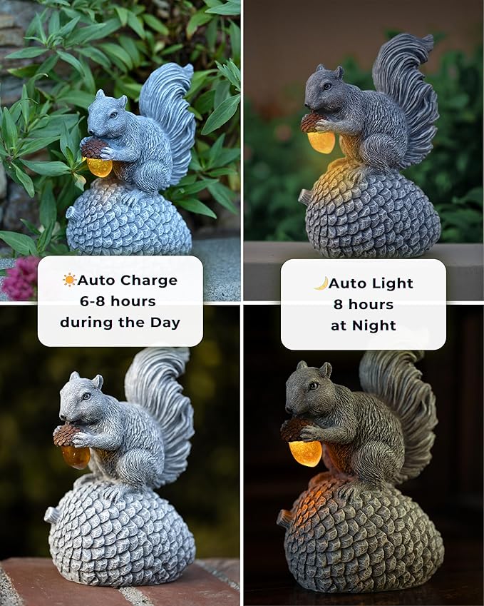 Solar Garden Statue – Hand-Painted Resin Squirrel on Pinecone with Glowing LED Acorn – Charming Yard, Patio & Balcony Decor – Gift for Mom, Grandma & Garden Lovers
