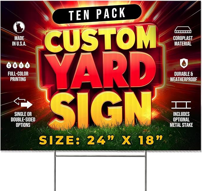 10 Pack 24"x18" Custom Yard Signs with Stakes, Personalized Yard Signs for Outdoors, Customized Full Color Print Corrugated Signs for Business