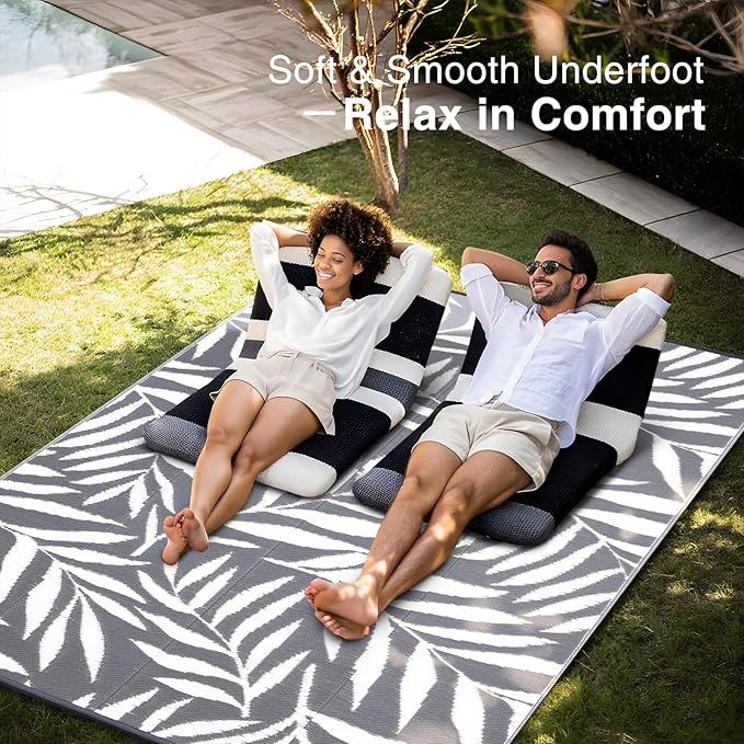OLANLY Waterproof Outdoor Rug 9x12 ft, Reversible Outdoor Plastic Straw Rug with Leaf Pattern, RV Mat, Indoor Outdoor Carpet for Patio, Camping, Balcony, Deck, Backyard, Grey & White