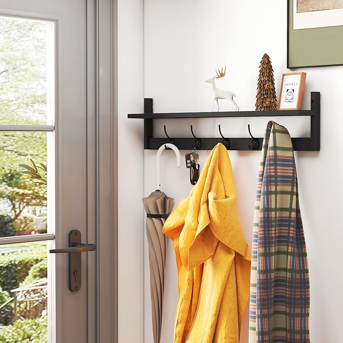 AMBIRD Wall Hooks with Shelf Entryway Hanging Wood Coat Hooks with Shelf Wall-Mounted Coat Hook Rack with 5 Dual Hooks for Bathroom, Living Room, Bedroom (Stylish)