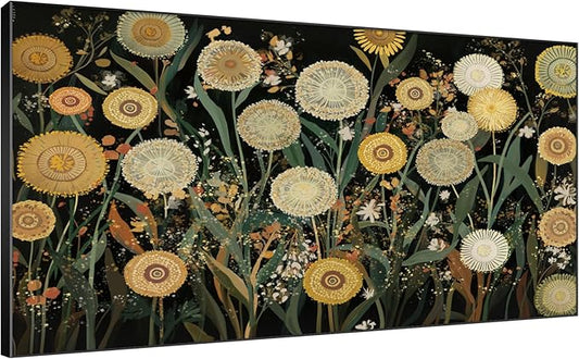 SIGNWIN 36"x72" Extra Large Framed Wall Art Whimsical Dandelion Field in Yellow and Green, Playful Botanical Print for Home Living Room Bedroom Decor (Frame Assembly Required)