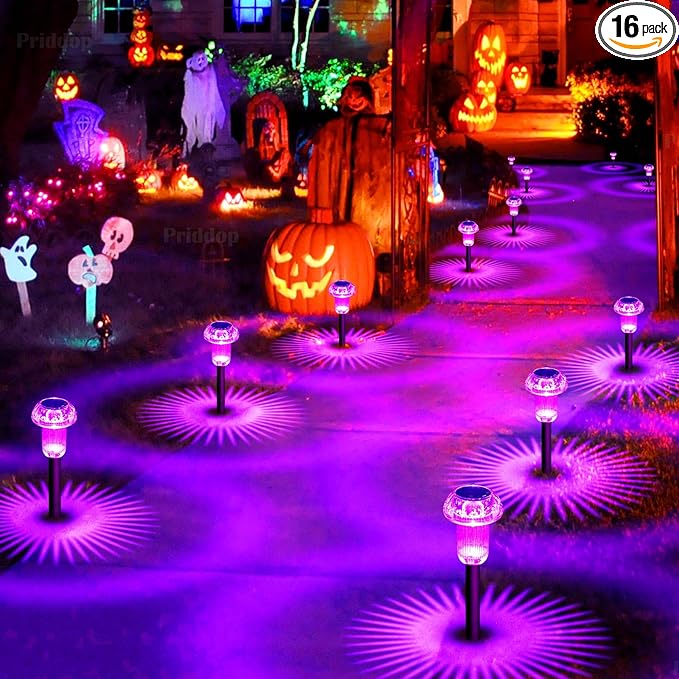 Halloween Solar Lights Outdoor 16 Pack Purple LED Waterproof Mushroom Outside Lights for Yard Garden Patio Pathway Walkway Landscape Halloween Decorations