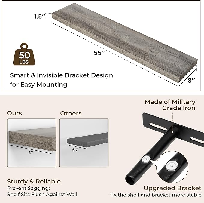 RICHFOCUS 55Inch Floating Shelves for Wall 1 Pack Shelves for Bedroom|Kitchen|Bathroom Wall Mounted Rustic Wood Floating Shelf with Invisible Brackets for Books|Storage|Decor, Grey
