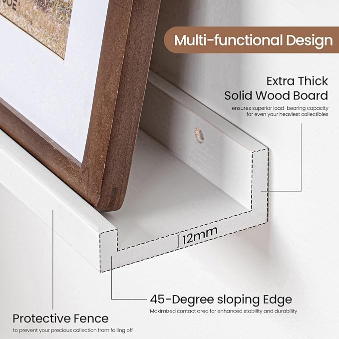 Picture Ledge Shelf, Solid Pine Wood Floating Shelves Set of 2, 40 Inches Nursery Book Shelves for Toys Storage, Kids Bookshelf Wall Mounted for Living Room Bedroom Decor Books Photo Frames, White